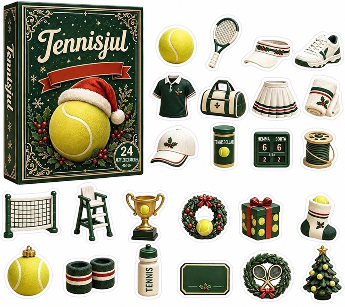 Tennisdekorationer i akryl med julemotiv