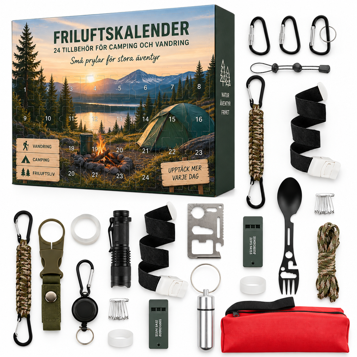 Friluftskalender – 24 stykker tilbehør til camping og vandring