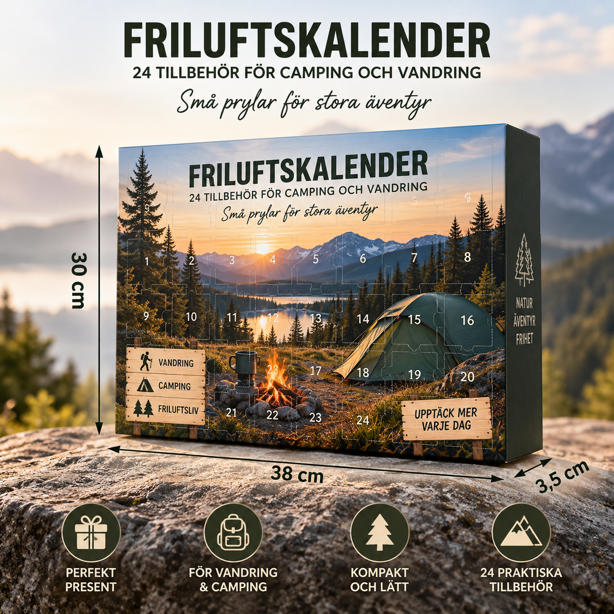 Friluftskalender – 24 stykker tilbehør til camping og vandring