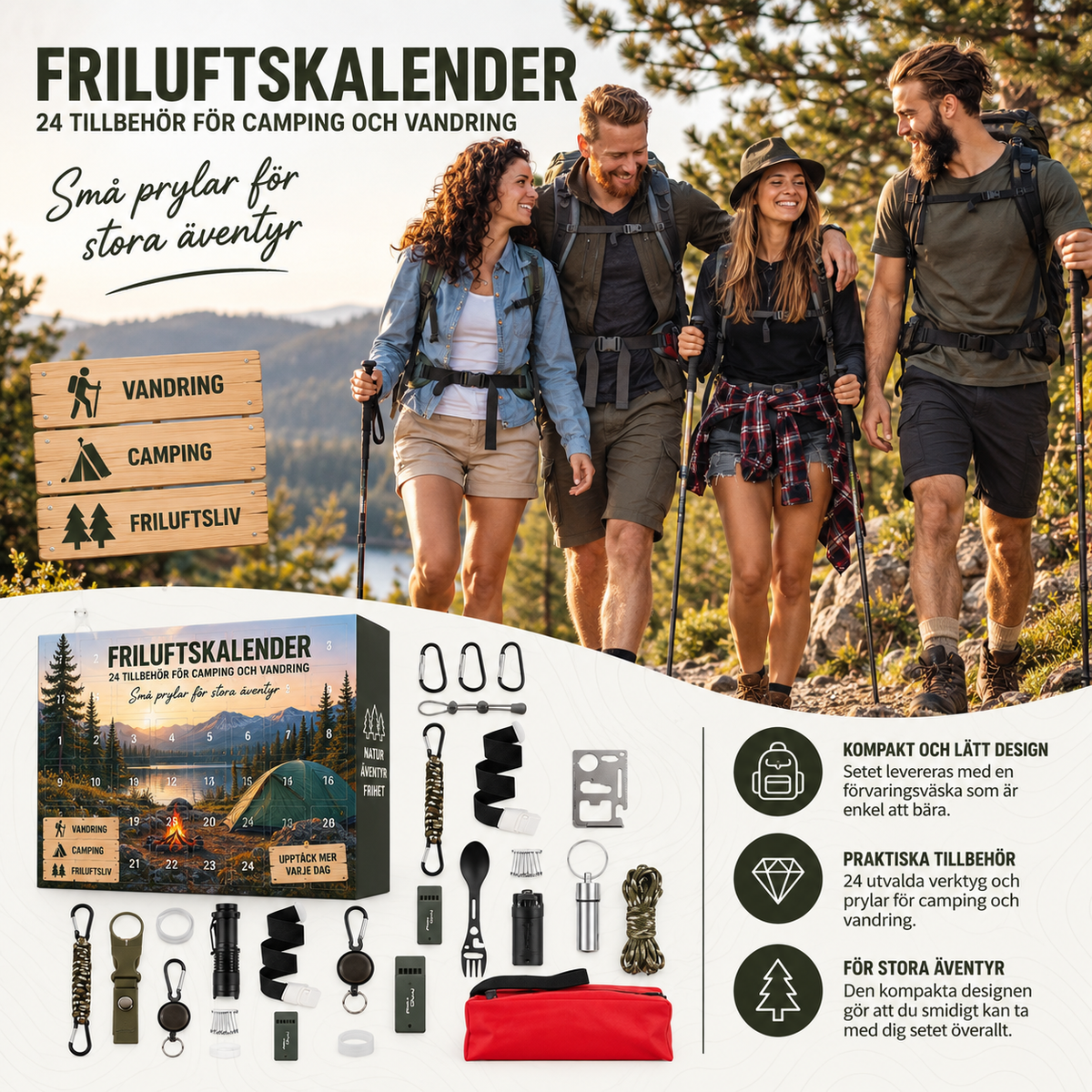 Friluftskalender – 24 stykker tilbehør til camping og vandring